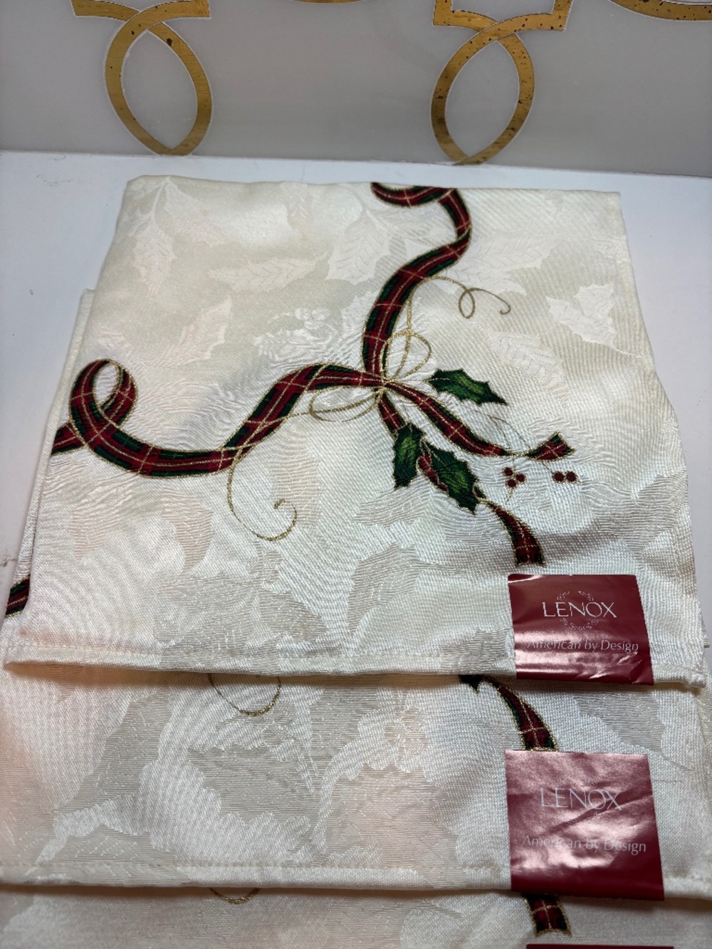 Lenox Holiday Nouveau Dinner Napkins Christmas Plaid Gold Ribbon Set Of 4 New